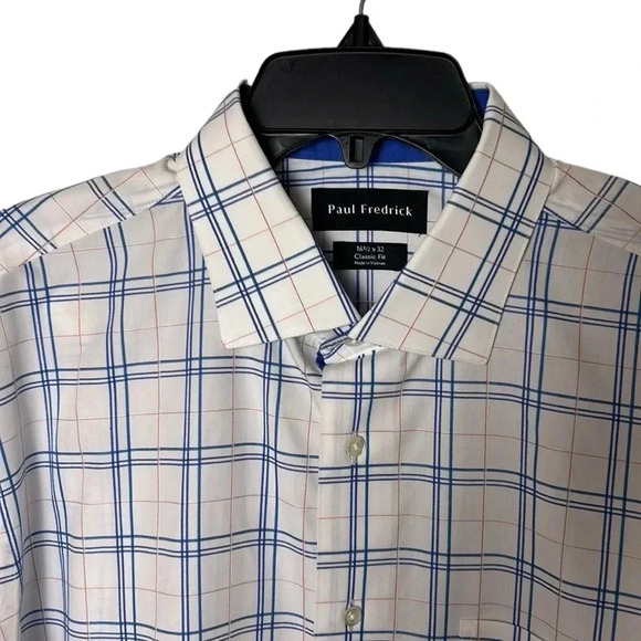 PAUL FREDRICK,  shirt, men 16.5”. White, blue,plaid,2 ply cotton shirt, button - Picture 5 of 17